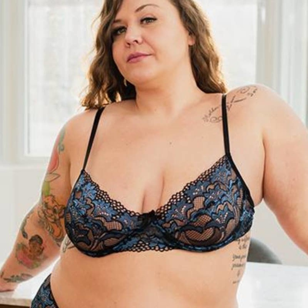 Knotty‎ Knickers Midnight Bloom Bralette XXL Black Blue Lace Underwire